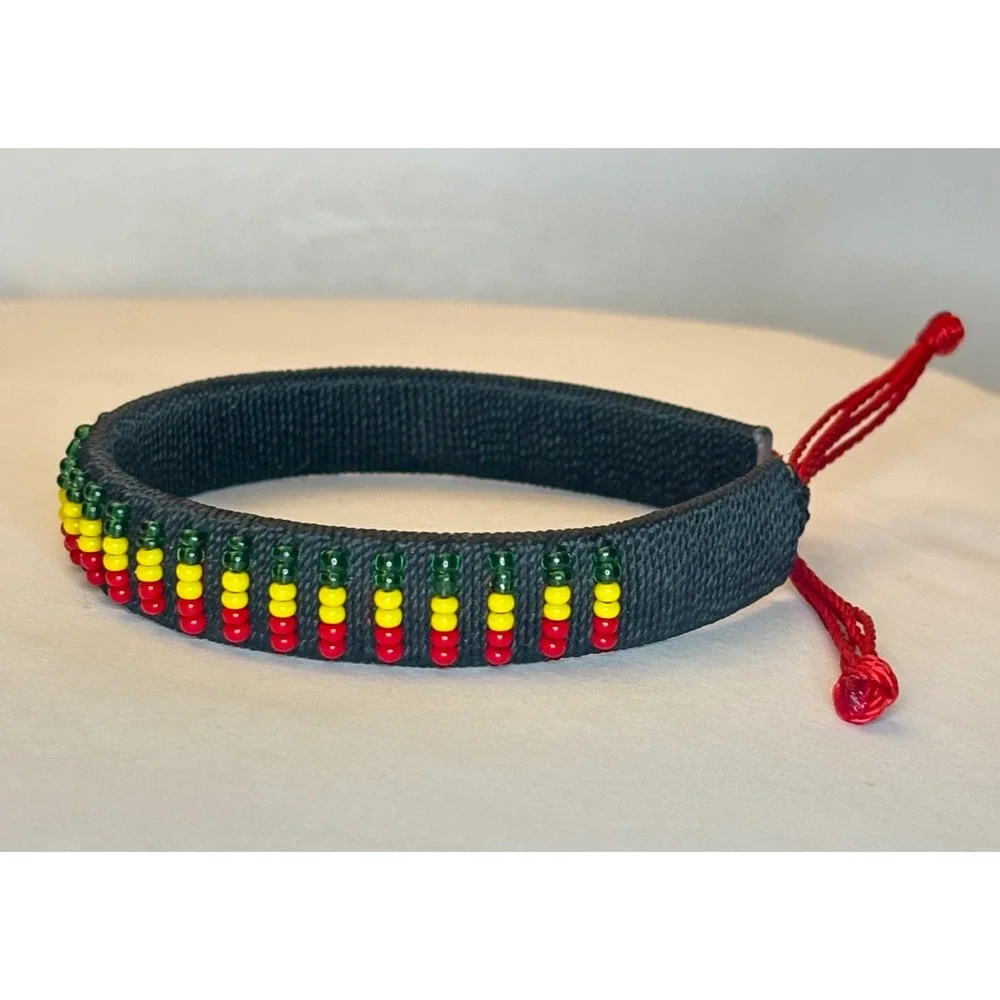 Rasta Beaded Bracelet Black Woven Cord Adjustable Red Yellow Green Seed Bead